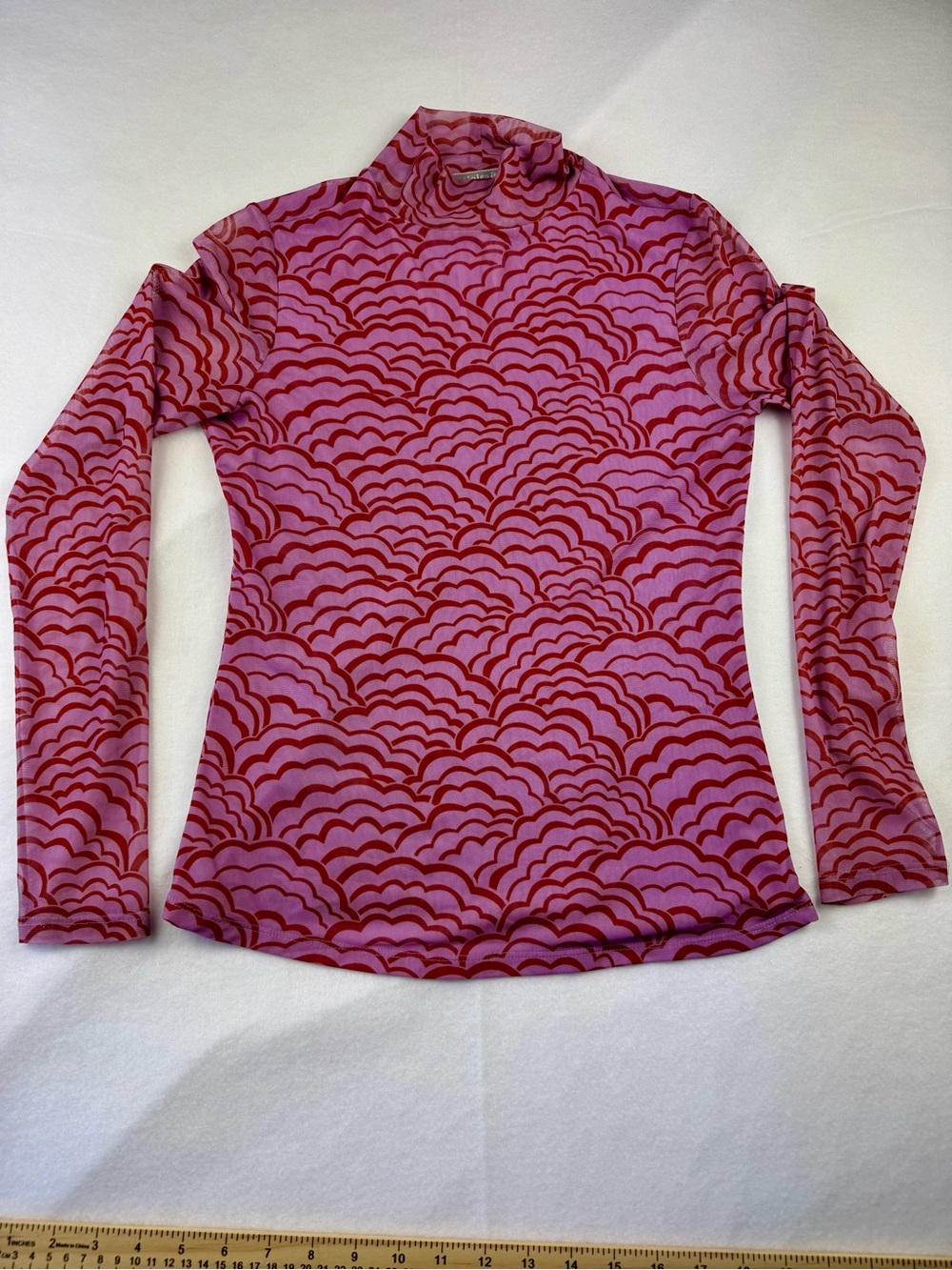 Mesh Mock Neck Top Pink Red Waves Scalloped Sheer Long Sleeve Y2K Retro Shirt